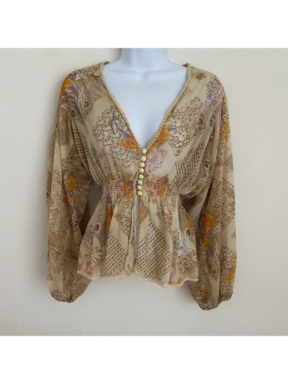 S/M Puff Sleeve Button Loop Blouse Smocked Waist Sheer V Neck Biege Orange Boho